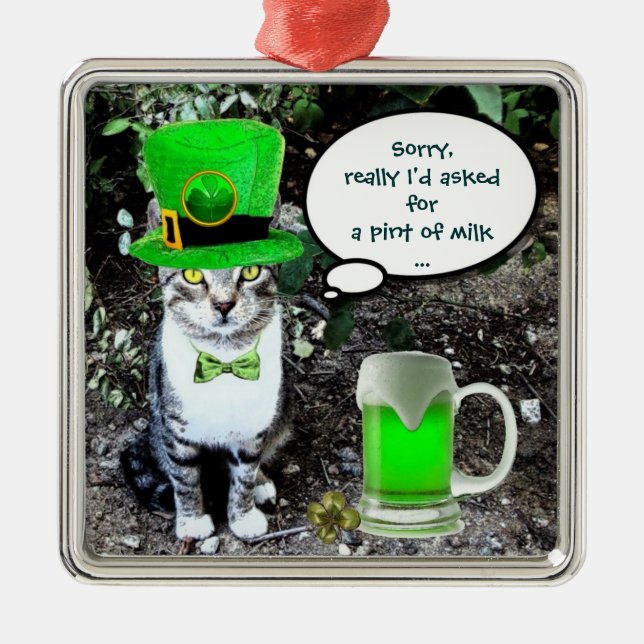 ST PATRICK'S DAY CAT MED GRÖNT IRISH-ÖL JULGRANSPRYDNAD METALL (Framsidan)