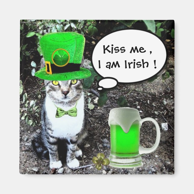 ST PATRICK'S DAY CAT MED GRÖNT IRISH-ÖL MAGNET (Framsidan)