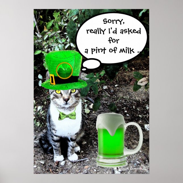 ST PATRICK'S DAY CAT MED GRÖNT IRISH-ÖL POSTER (Framsidan)