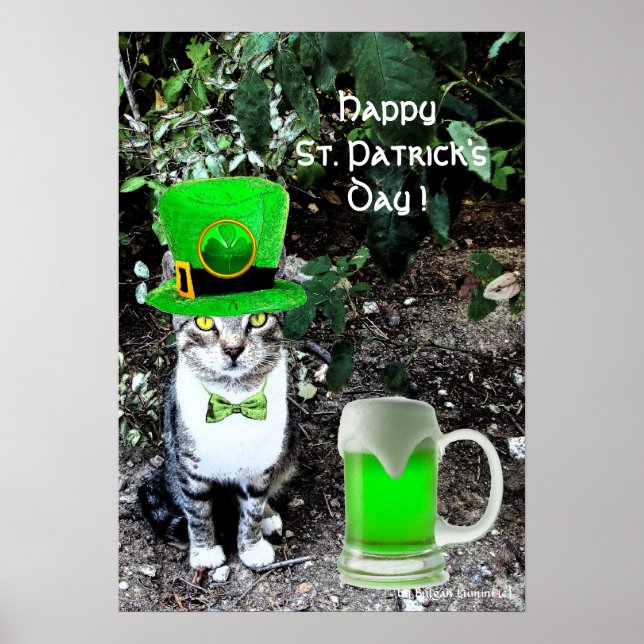 ST PATRICK'S DAY CAT MED GRÖNT IRISH-ÖL POSTER (Framsidan)