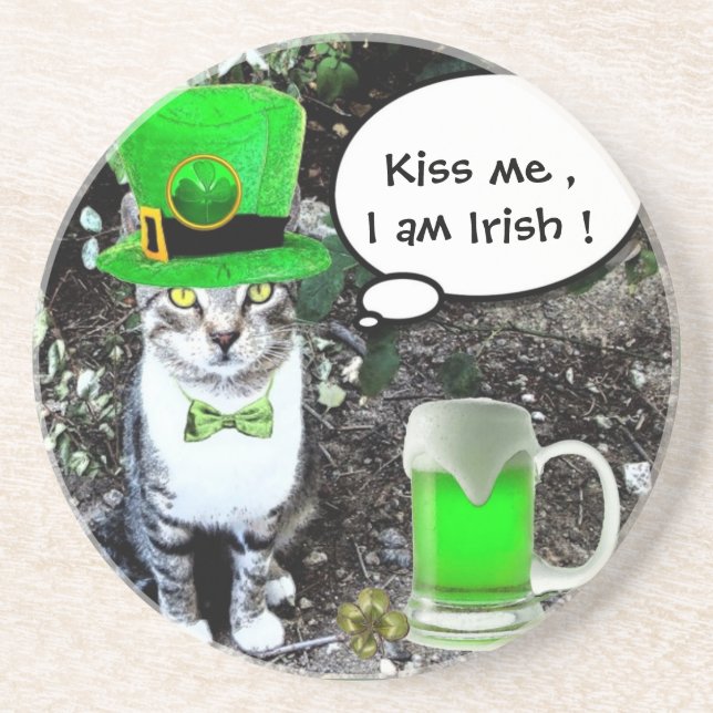 ST PATRICK'S DAY CAT MED GRÖNT IRISH-ÖL UNDERLÄGG SANDSTEN (Framsidan)