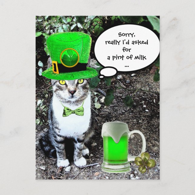 ST PATRICK'S DAY CAT MED GRÖNT IRISH-ÖL VYKORT (Framsida)