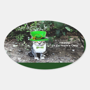 ST PATRICK'S DAY CAT MED LEPRECHAUN HAT OVALT KLISTERMÄRKE