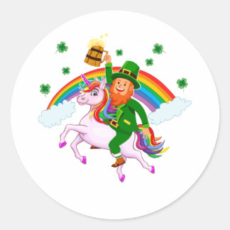 St. Patrick's Day Cute Leprechaun Riding Unicorn Runt Klistermärke