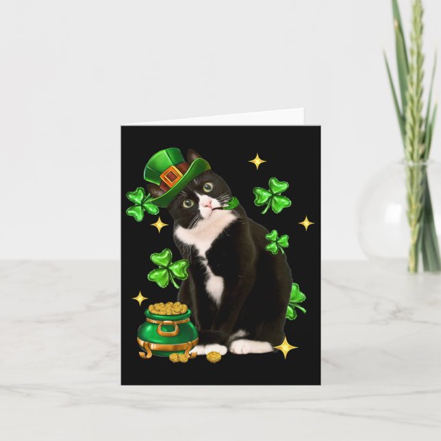 St patricks day Cute Tuxedo Cat Shamrock Irish Cat Kort (Framsida)