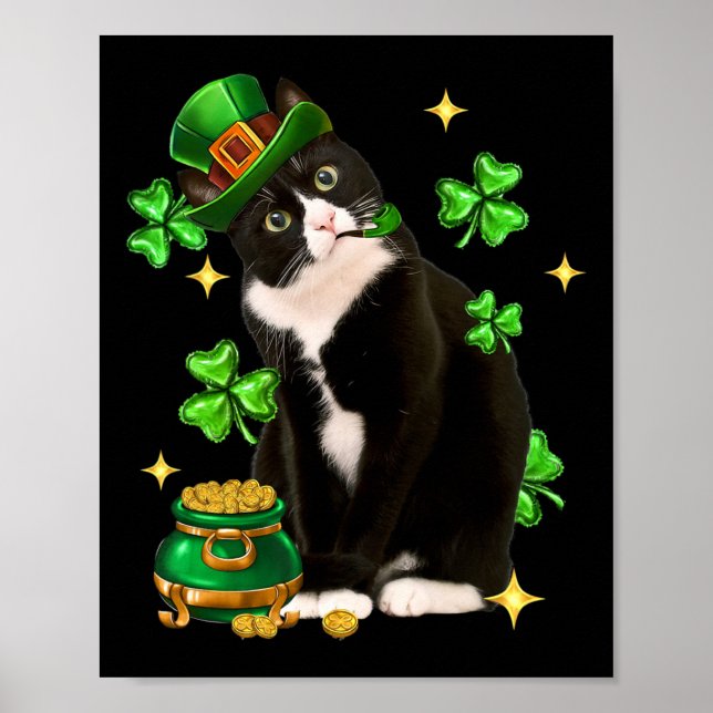 St patricks day Cute Tuxedo Cat Shamrock Irish Cat Poster (Framsidan)