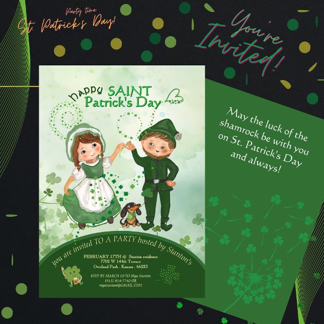 ST PATRICKS DAY Dancing Leprechauns hand plockade Inbjudningar (ST PATRICKS DAY Dancing Leprechauns hand drawn Invitation )
