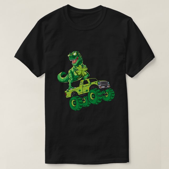 St patricks day Dinosaur Monster Lastbil Shamrock  T Shirt (Design framsida)