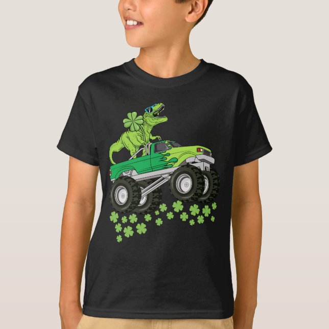 St patricks day Dinosaur t Rex Monster Lastbil Kid Shirt (Framsida)