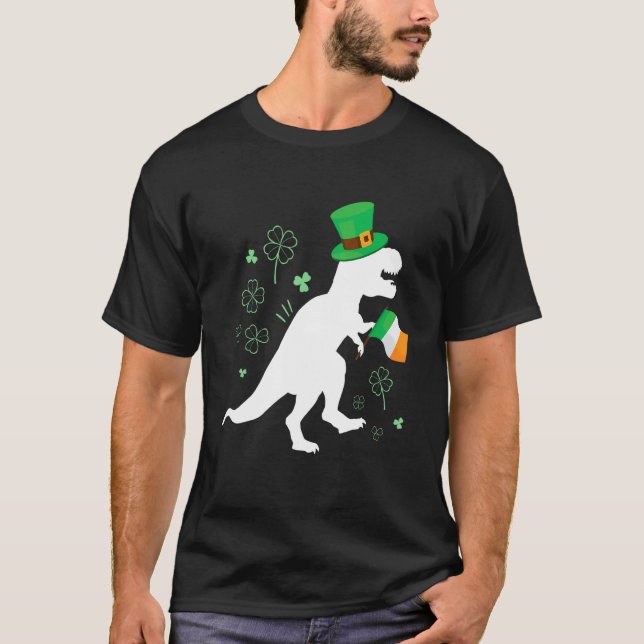 St Patricks day dinosaur t-rex with irish flag for T Shirt (Framsida)