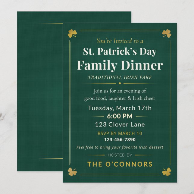 St. Patrick's Day Familjemiddag Traditionell Irlän Inbjudningar (Fram/baksida)