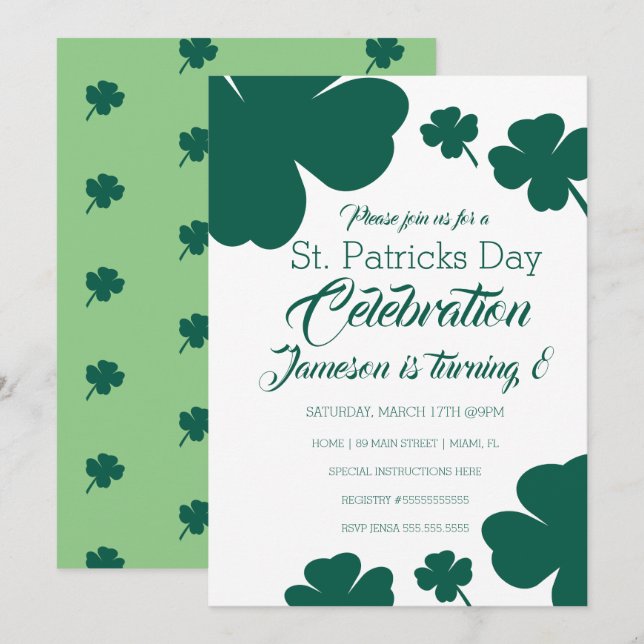 St. Patricks Day Firande Klöver Grönska Inbjudningar (Fram/baksida)