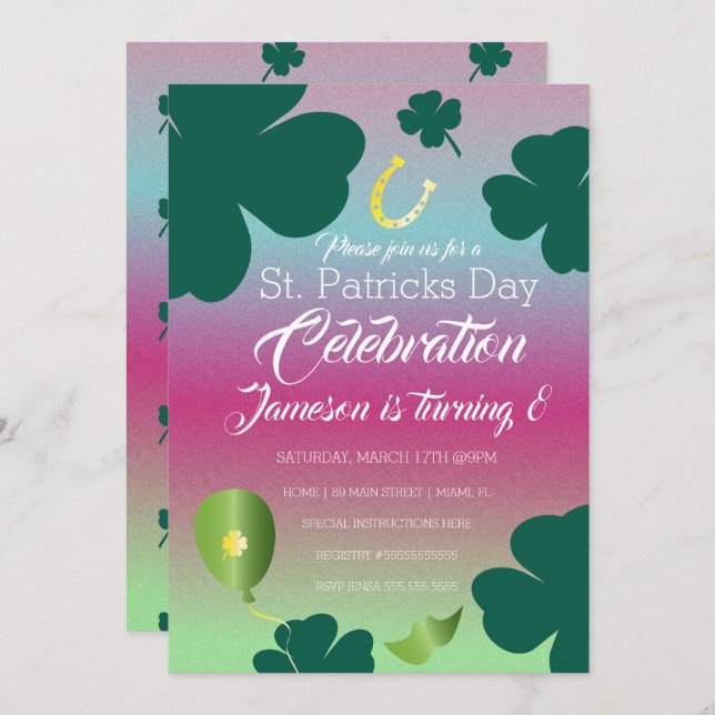 St. Patricks Day Firande Shamrock Glitter Inbjudningar (Fram/baksida)