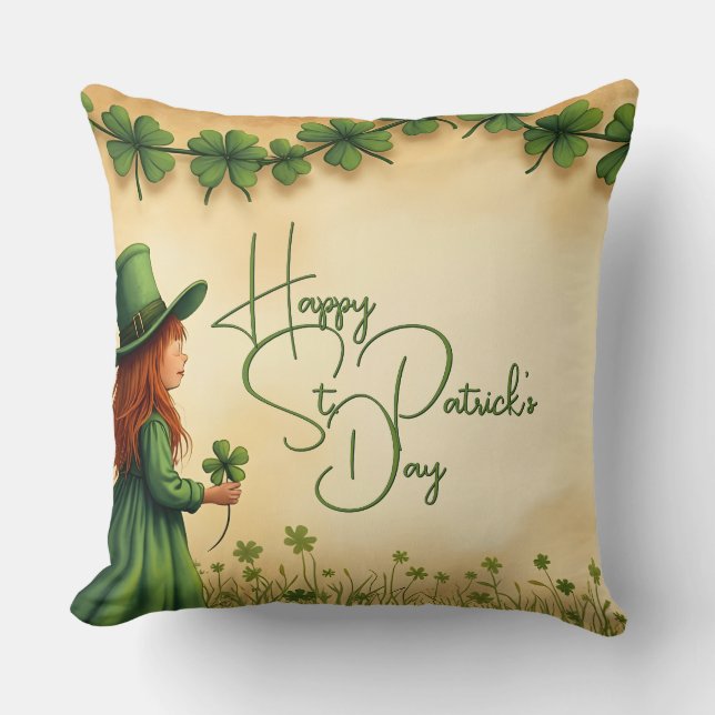 St. Patricks Day Flicka med Shamrockar Kudde (Framsida)