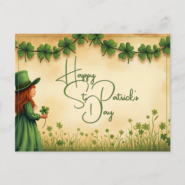St. Patricks Day-flicka med shamrocks Helg Vykort (Framsida)