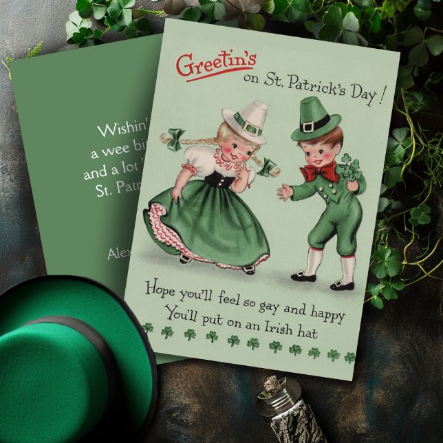 St patrick's day för återföring av Anpassningsbar  Julkort (Vintage Lad & Lass Custom Retro St Patrick's Day Holiday Card. Add your name & a special message)