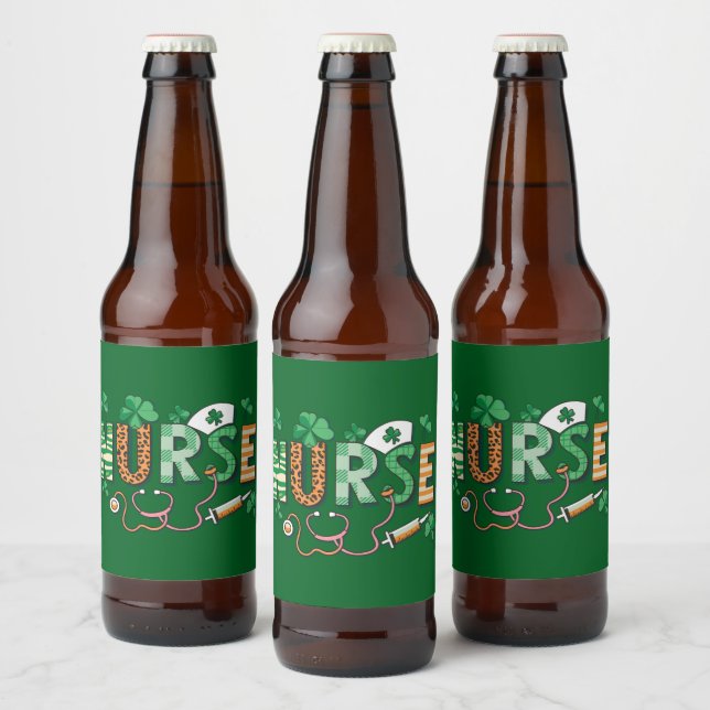 St patricks day för sjuksköterskans sjukskötersked ölflaska etikett (Flaskor)