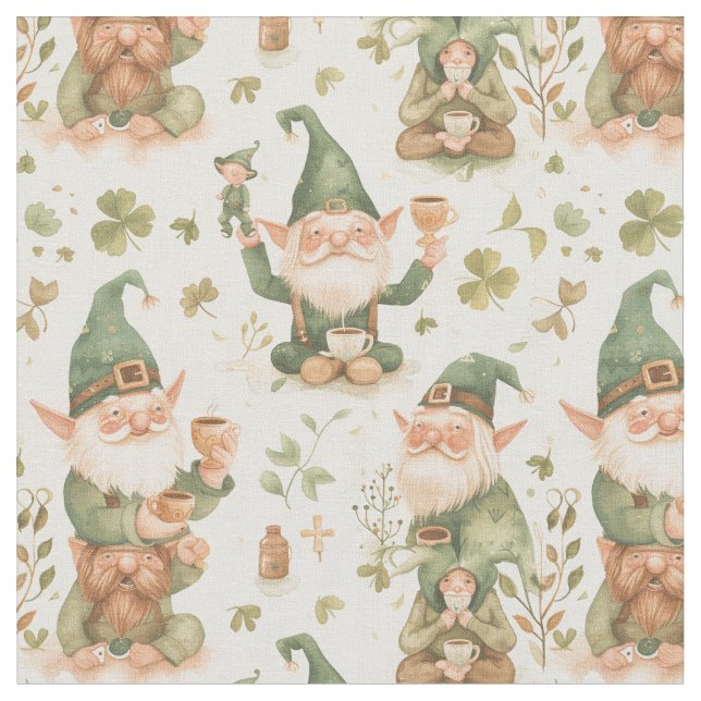 St. Patrick's Day Funny Gnome Coffee Mönster Tyg (Närbild)
