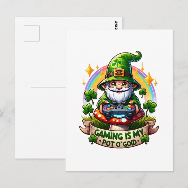 St. Patrick's Day Gamer Gnome Vykort (Fram/baksida)