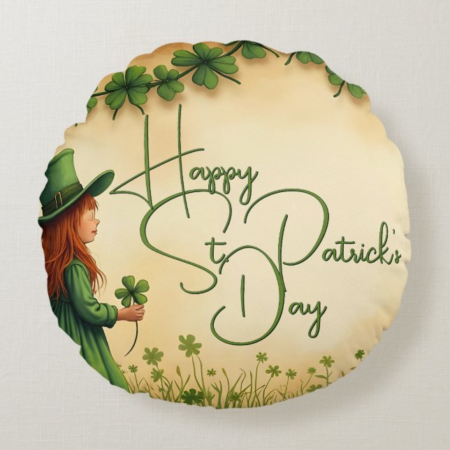 St. Patrick's Day Girl med Shamrocks Rund Kudde (Framsidan)