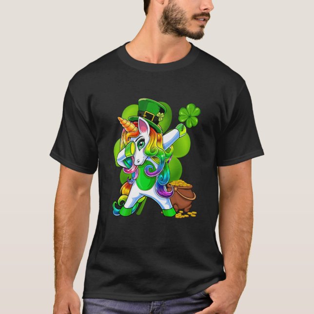 St Patricks Day Girls Dabbing Unicorn Leprechaun L T Shirt (Framsida)