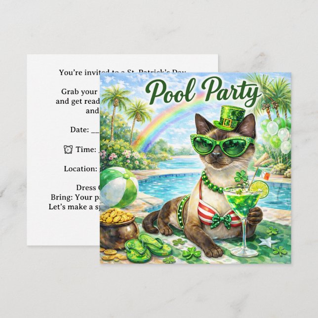 St. Patrick's Day Glam katt poolparty  Inbjudningar (Fram/baksida)