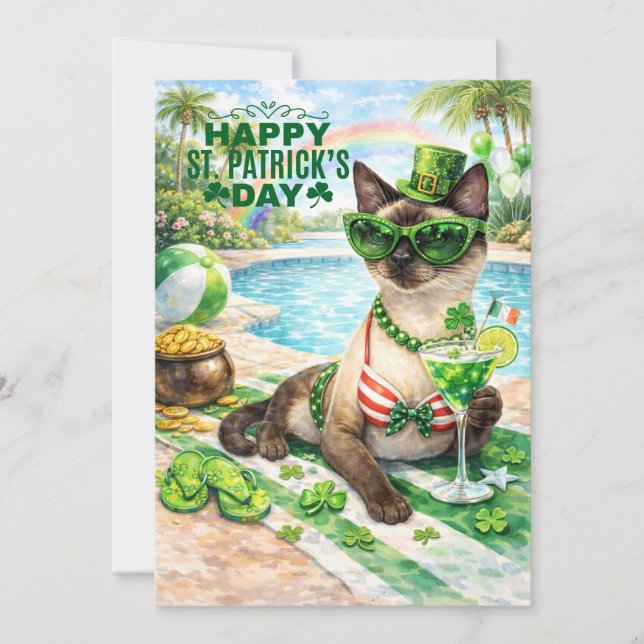St. Patrick's Day Glam katt-poolparty Julkort (Framsida)