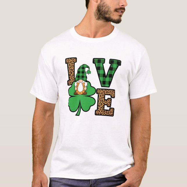 St Patrick's Day Gnome Love Leopard Plaid Art T Shirt (Framsida)