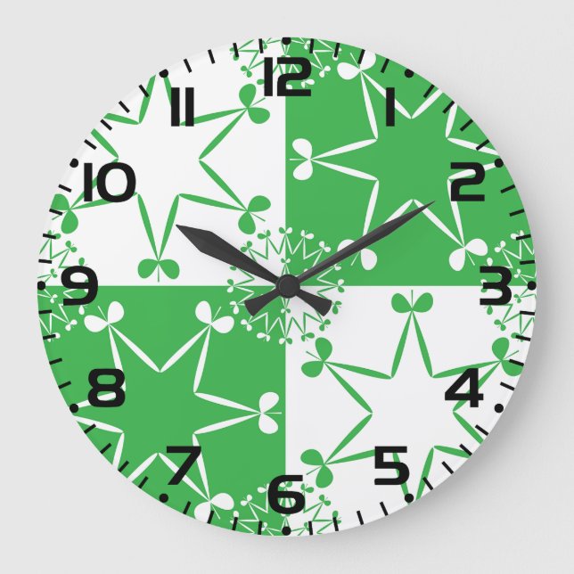 St Patricks Day Green Clover Star Geometric Stor Klocka (Framsida)