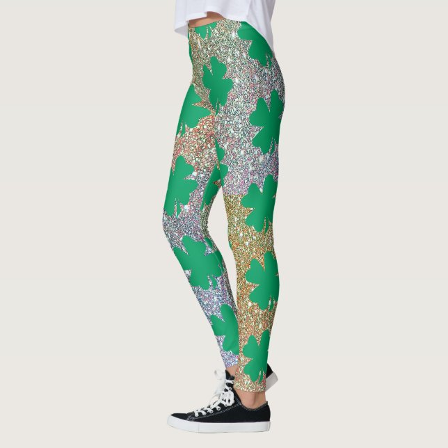 St Patrick's Day Grön Guld Glitter Shamrock Blad  Leggings (Vänster)