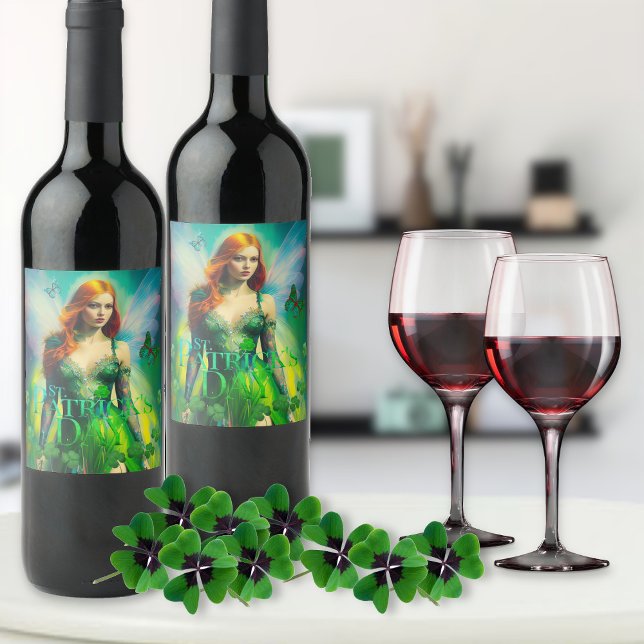 St Patricks Day Grön Irländsk Älv 3 Lövklöver Vinflaska Etikett (Skapare uppladdad)