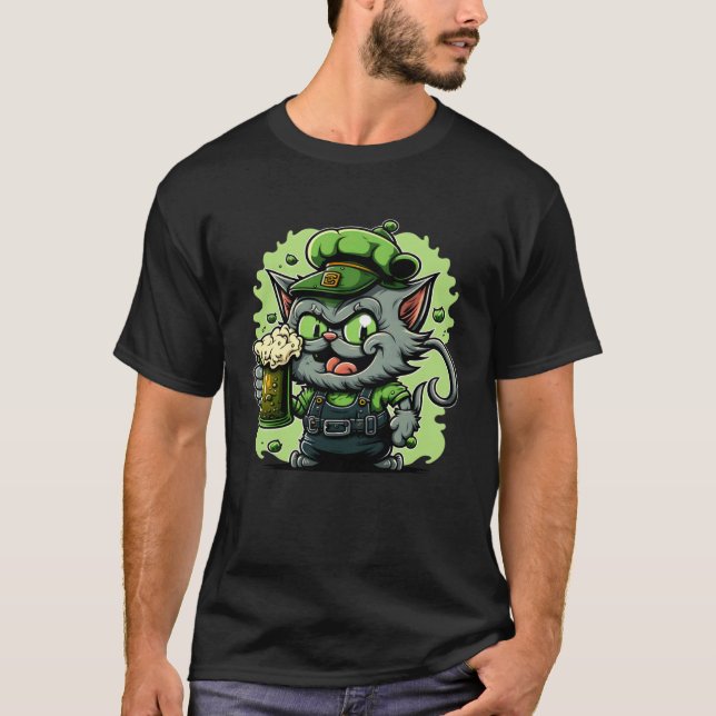 St Patricks Day Grön Katt Öl Drickande T Shirt (Framsida)