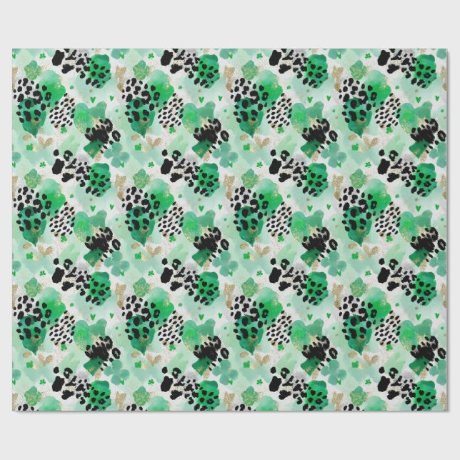St. Patrick's Day Grön Leopard & Hjärt Shamrock Presentpapper (Platt)