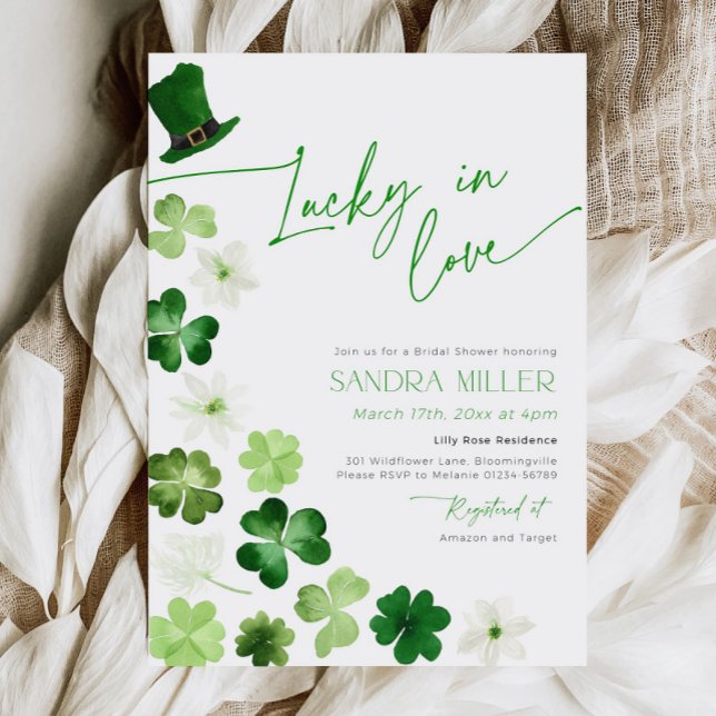 St. Patricks Day Grön Shamrock Bröllopsdusch Inbjudningar (Lucky in love bridal shower invitation)