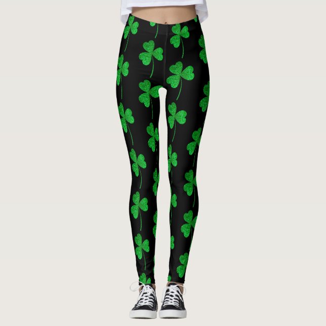 St. Patrick's Day Gröna Falska Glitter Shamrock Leggings (Framsida)