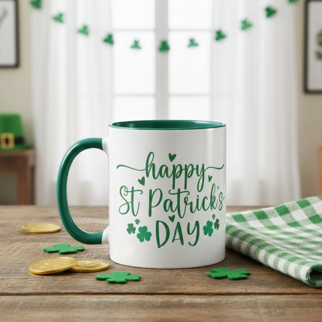 St patrick's day Grönt Shamrocks and Hearts Mugg (Happy St Patrick's Day Green Shamrocks and Hearts Mug)