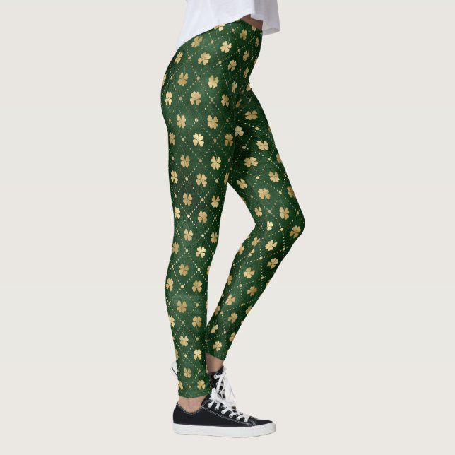 St. Patricks Day Guld Folie Shamrock Mönster Grön Leggings (Höger)