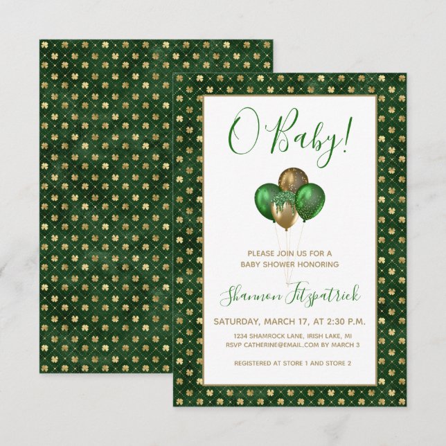 St. Patrick's Day Guld Gröna Shamrocks Babyfirande Inbjudningar (Fram/baksida)