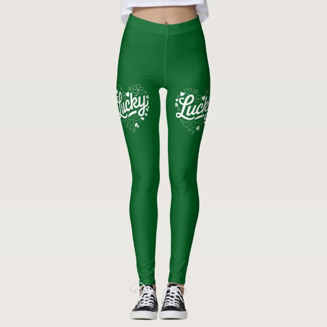 St patrick's day Heart Lucky Klöver Shamrock Leggings (Framsida)
