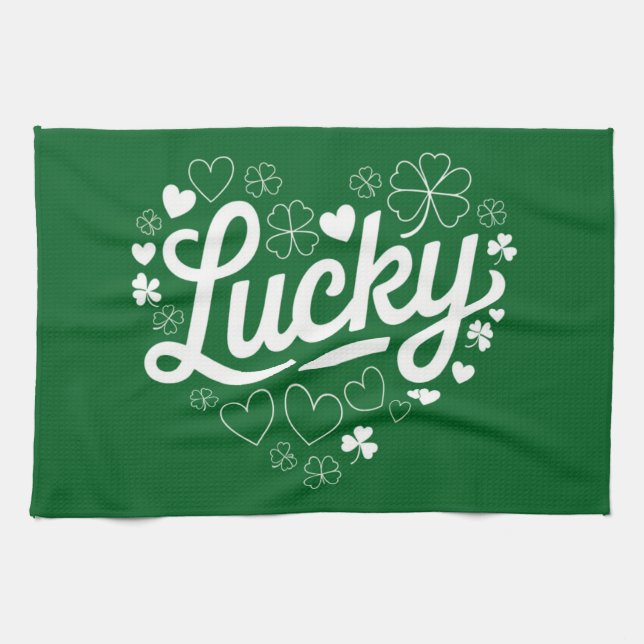 St Patricks Day Hjärt Lyckligt Klöver Shamrock Kökshandduk (Horisontell)
