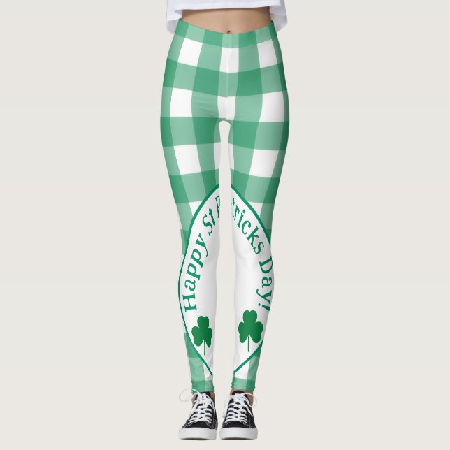 St Patricks Day Irish Clover Green Check Leggings (Framsida)