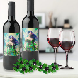 St patrick's day Irish Fairy with Butterfly-inform Vinflaska Etikett