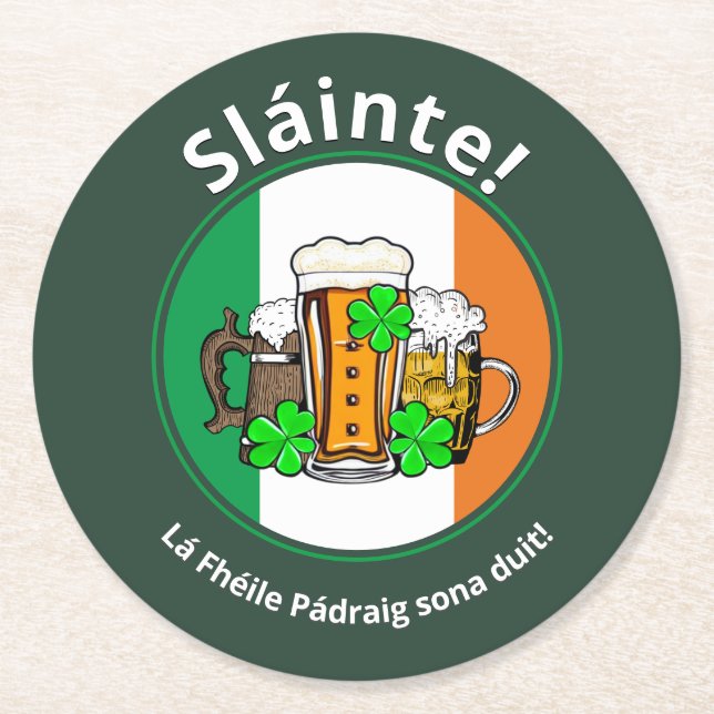 ST PATRICKS DAY Irish Flagga Beer Underlägg Papper Rund (Framsidan)