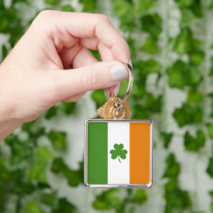 St patrick's day Irish Flagga med Shamrock Klöver Fyrkantig Silverfärgad Nyckelring
