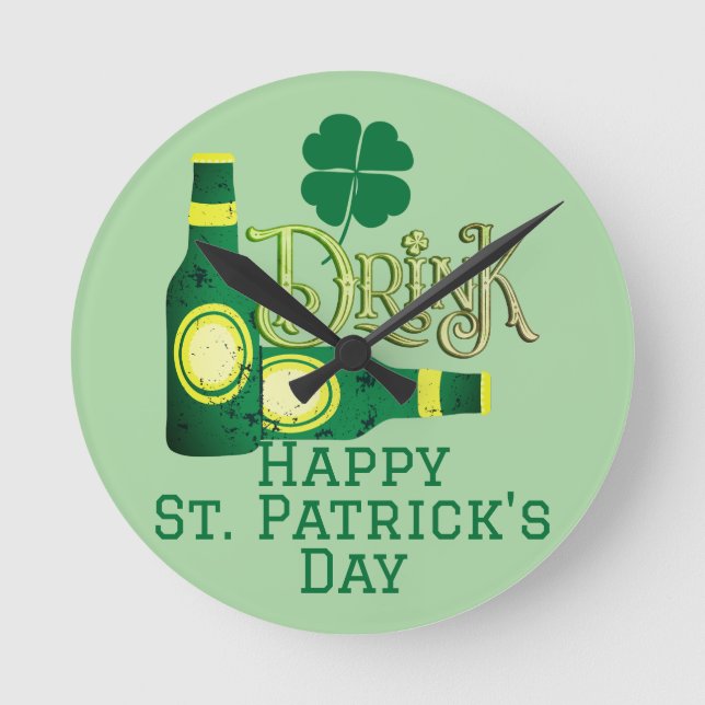 St. Patrick's Day Irish grönt hade tur Shamrock Rund Klocka (Framsida)