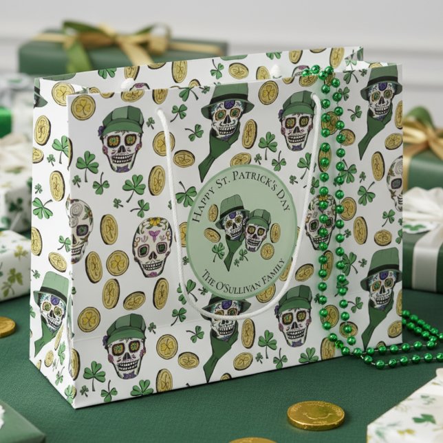 St patrick's day Irish Sugar Skull Anpassningsbar (Happy St Patrick's Day Gift Bags. Irish Sugar Skulls, Lucky Gold Shamrock Coins Green Clover Pattern)
