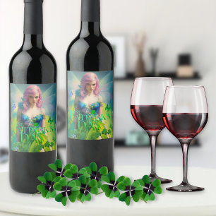 St Patricks Day irländsk älv med klöverdetalj Vinflaska Etikett