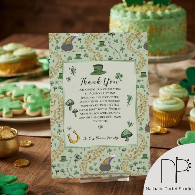 St Patricks Day Irländskt välsignelse Tack-kort Tack Kort (hand-drawn leprechaun hats, shamrocks, pots of gold, rainbows, and horseshoes for St Patrick's Day)