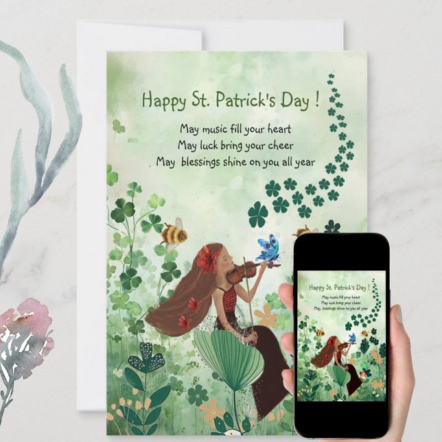St. Patrick's Day  Julkort med musik (St. Patrick's Day Holiday Card with Music, featuring woman playing a violin,, great card for holiday)