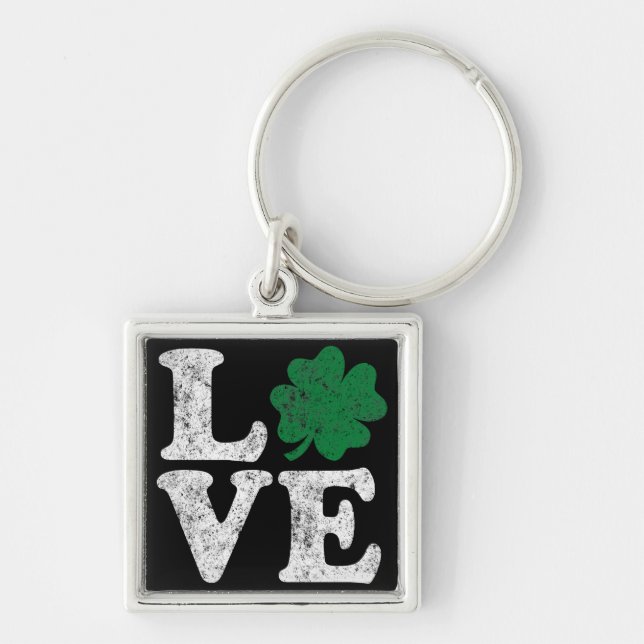 St patrick's day KÄRLEK Shamrock Irish Fyrkantig Silverfärgad Nyckelring (Framsidan)